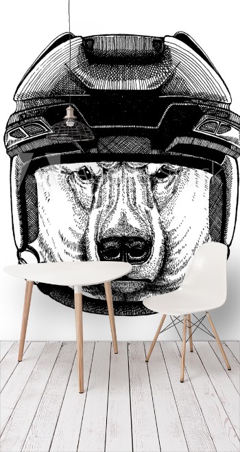 Picture of Bear polar bear animal wearing hockey helmet Hand drawn image of lion for tattoo t-shirt emblem badge logo patch